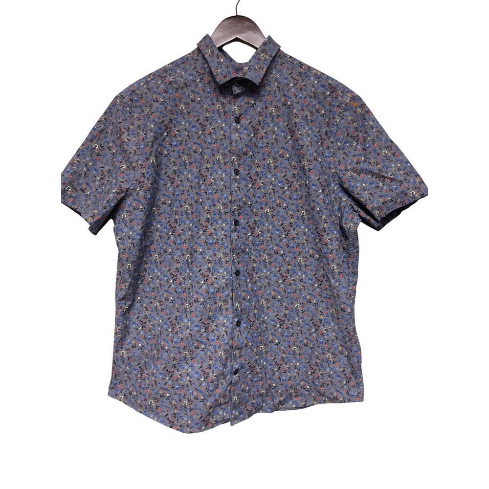 Express Men's Short Sleeve Collared Blue Floral Button Down Shirt Size Large